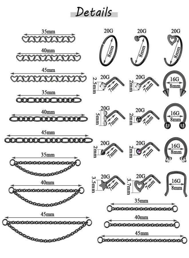 LOREMOW 38Pcs 316L Stainless Steel Nose Chain for Women Men Heart Nose Ring Chain Double Nose Chain Piercing Across Nose CZ Nose Piercing Stud Nostril Jewelry Black L - Image 3
